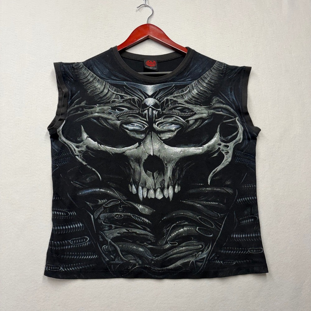 Spiral Direct Sleeveless Shirt Mens XL Black Biomechanical Skull Y2K Gothic Tee